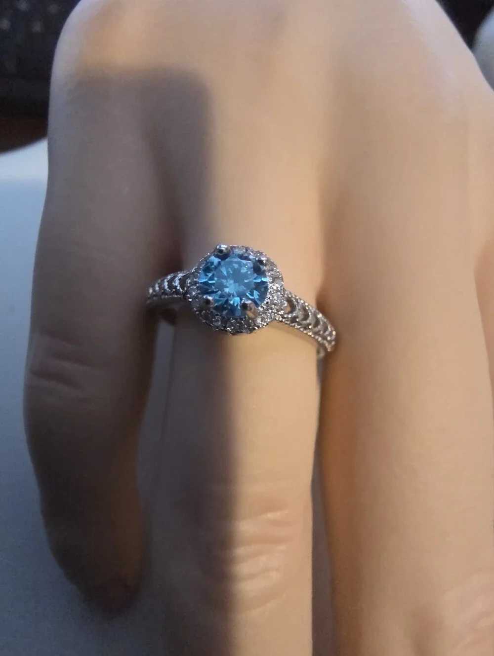 Silver Halo Ring with Blue Center Stone